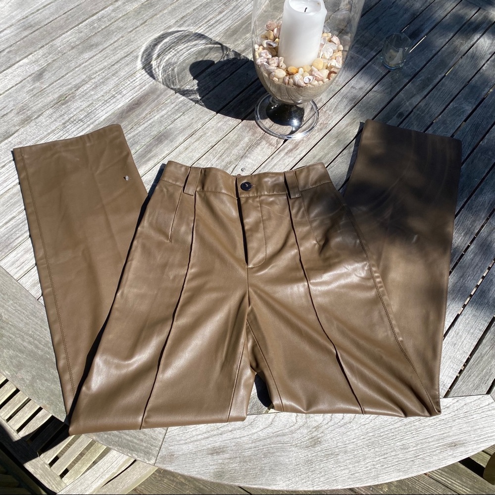 🍂 ZARA ASH BROWN FAUX LEATHER FULL LENGTH STRAIGHT LEG HIGH WAIST PANTS! - Picture 7 of 16
